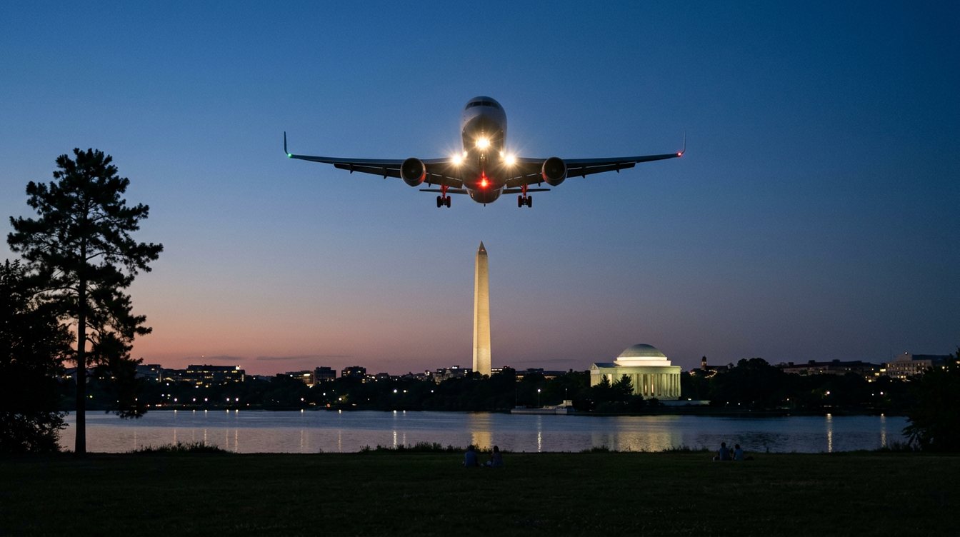 A jet with its landing lights on comes in low over Gravelly Point in Arlington at dusk, with the Washington Monument and the Jefferson Memorial lit across the Potomac